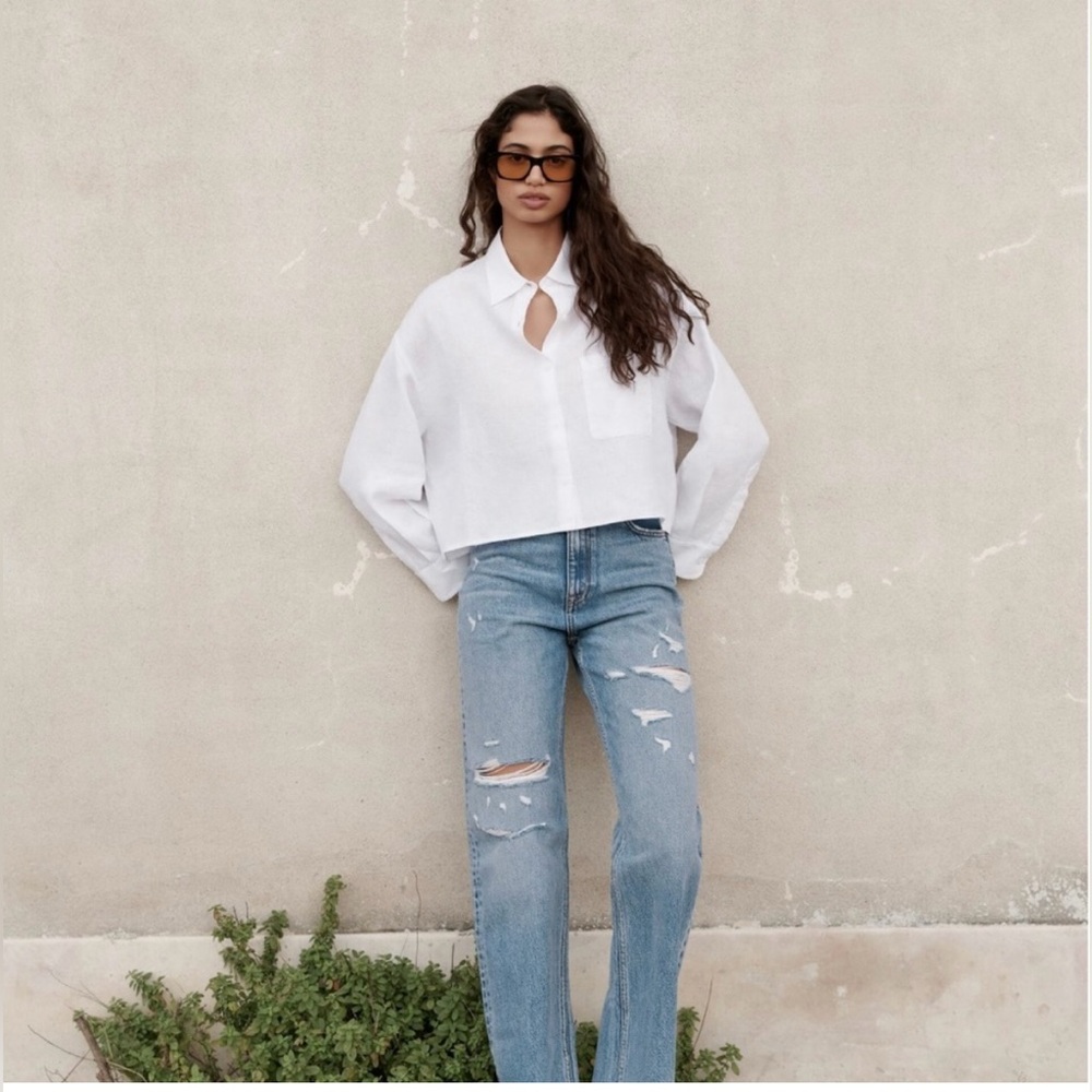 Zara Women’s Cropped Button Down Long Sleeve White Linen Shirt Size Medium